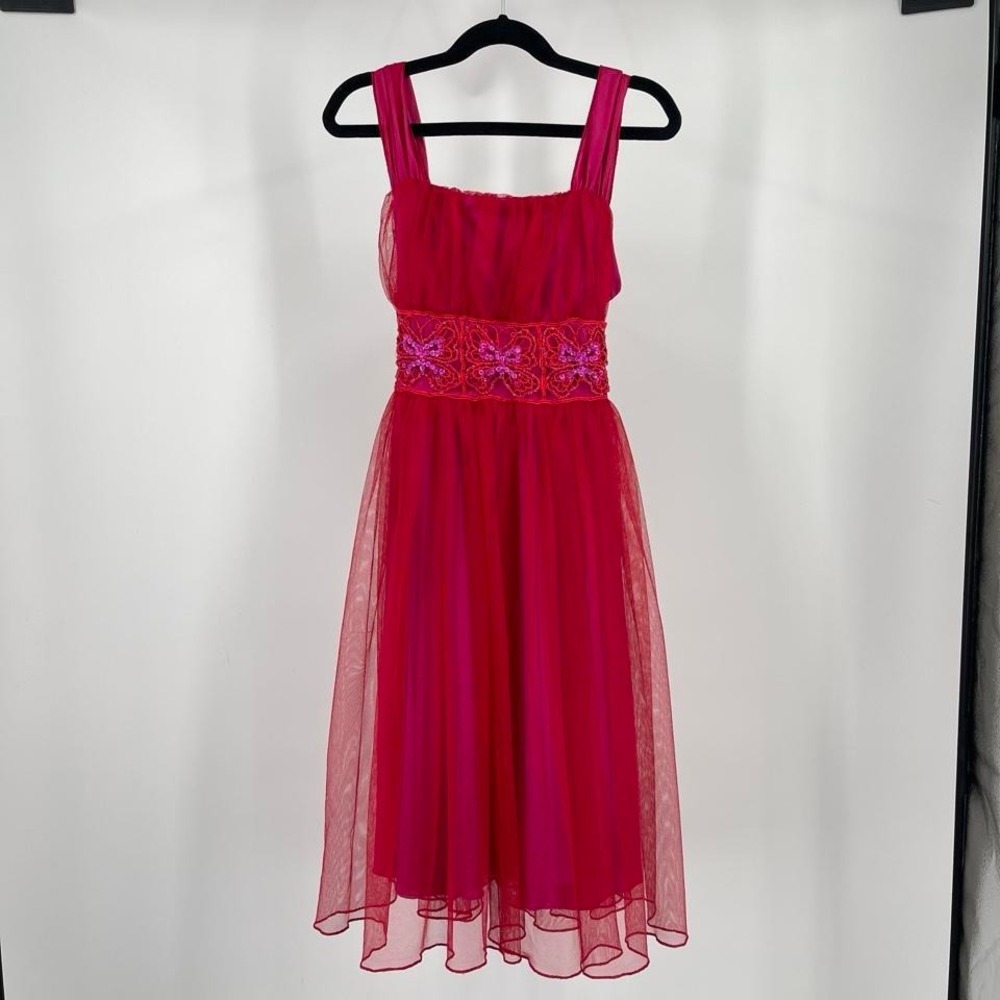 VTG Y2K Beaded Fairy Dress Girls 12 Midi Flowy Summer Butterfly Sequin Pink